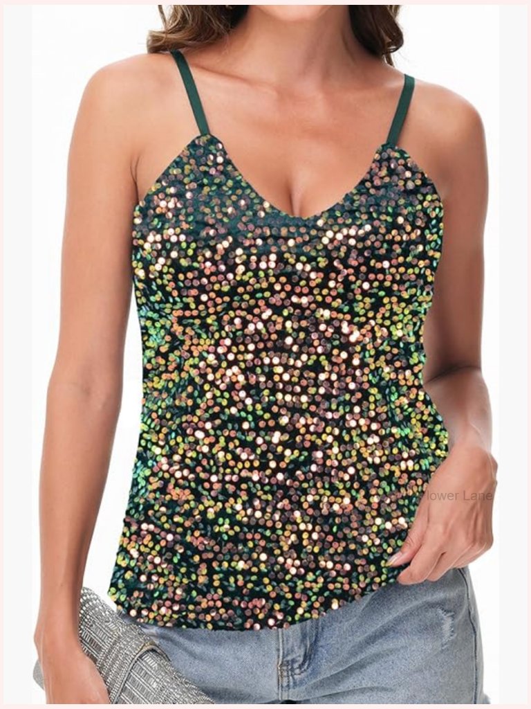Sleeveless Sequin V Neck Cami Tank Top - Sparkly Party T Shirt